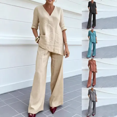 Top de Manga Media con Cuello en V para Mujer y Pantalones Rectos Poliéster Color Sólido Ropa de Descanso Informal de Otoño
