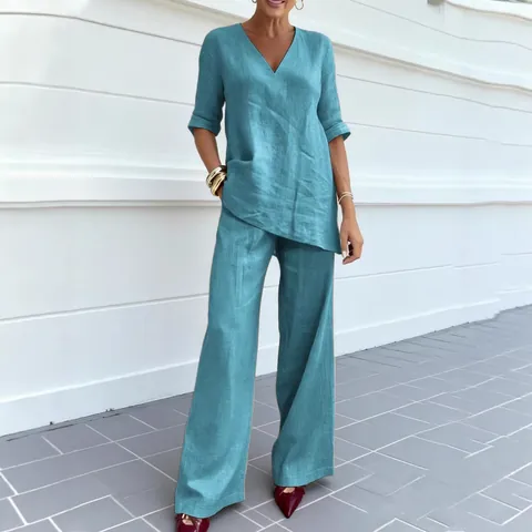 Top de Manga Media con Cuello en V para Mujer y Pantalones Rectos Poliéster Color Sólido Ropa de Descanso Informal de Otoño