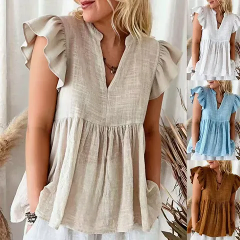 Women Casual Cotton Blend V-Neck Flutter Sleeve Blouse Pleated Solid Color Babydoll Top Shirt Summer Fashion Ladies Clothing