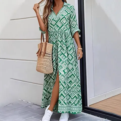 Women Casual Printed Maxi Dress Lapel V-Neck Half Sleeve Loose Slit Beach Dress Polyester Top And Bottom Summer Holiday Outfit