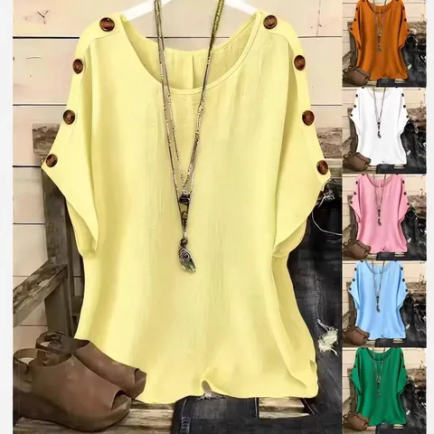 Top Casual Holgado De Color Sólido Con Cuello Redondo Y Manga Corta Para Mujer Con Botones Blusa De Verano Cómoda