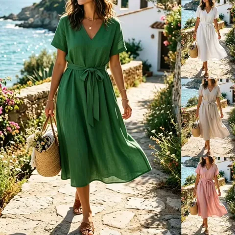 Vestido Midi de Mujer Verano Cuello en V Manga Corta Cordones Mezcla Algodón Retro Casual Línea A para Vacaciones Playa