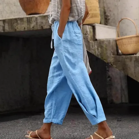 Women Casual Cotton Blend Pants Solid Color Loose Drawstring Elastic Waist Straight Leg Trousers With Pockets Daily Streetwear Fashion Bottom