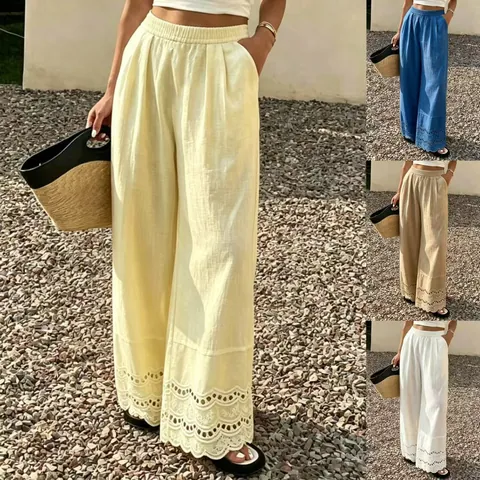 Pantalon Large Décontracté pour Femmes Mélange de Coton Bordure en Dentelle Ajouré Taille Élastique Pantalon d'Été Style Vintage