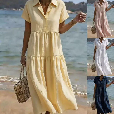 Women's Casual Cotton Polyester Pleated Maxi Dress Shirt Collar Short Sleeve Tiered Loose Holiday Beach Long Sun Dress
