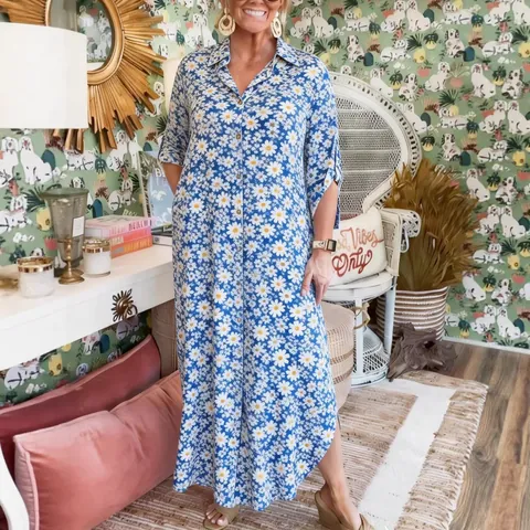 Robe Chemise Femme Décontractée Ample Imprimée Mode Européenne Revers Manches Moyennes Robe Maxi Grande Taille Géométrique Floral Feuille Tropicale Polyester