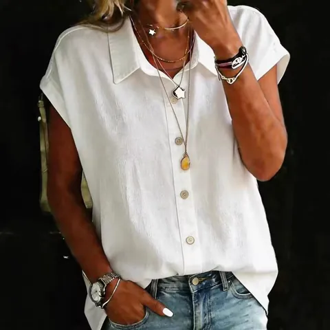 Women's Casual Cotton Blend Shirt Short Sleeve Loose Solid Color Lapel Single-Breasted Cardigan Top For Daily Fashion