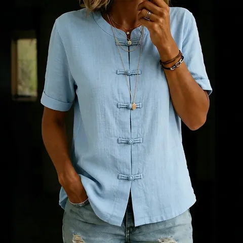 Women Summer Cotton Blend Shirt Casual Loose Short Sleeve Frog Button Cardigan Blouse Vintage Solid Color Top