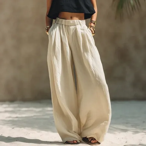Pantalones Casuales de Algodón y Poliéster para Mujer Pierna Ancha Retro Holgados Cintura Alta Elástica Con Bolsillos Verano Color Sólido