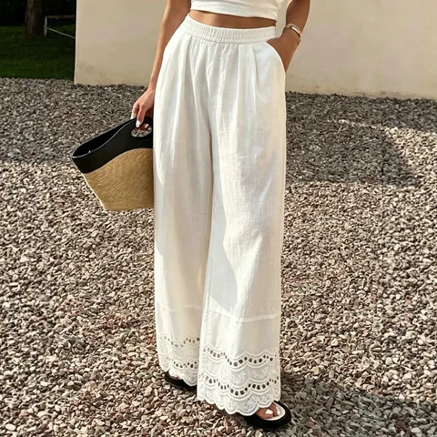 Pantalon Large Décontracté pour Femmes Mélange de Coton Bordure en Dentelle Ajouré Taille Élastique Pantalon d'Été Style Vintage