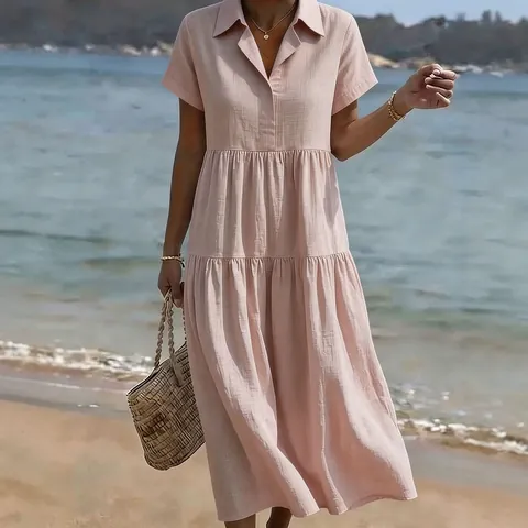 Women's Casual Cotton Polyester Pleated Maxi Dress Shirt Collar Short Sleeve Tiered Loose Holiday Beach Long Sun Dress