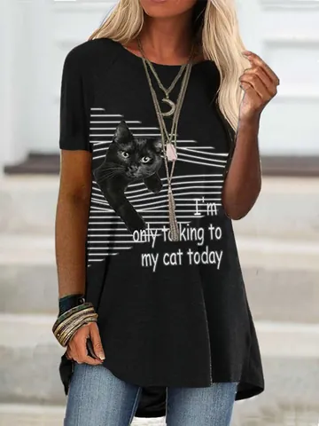 Women Streetwear Round Neck Short Sleeve T-Shirt With Cat And Letter Digital Print Mid-Length Loose Polyester Top