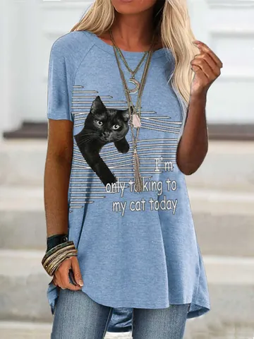 Women Streetwear Round Neck Short Sleeve T-Shirt With Cat And Letter Digital Print Mid-Length Loose Polyester Top