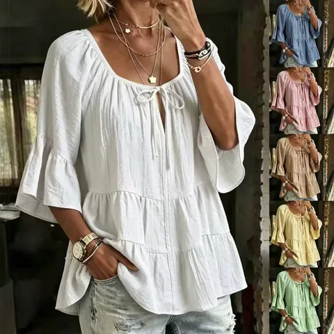 Women's Casual Loose Cotton Blend Blouse Three-Quarter Flare Sleeve Pleated Round Neck Tie Solid Color Mid-Length Summer Shirt