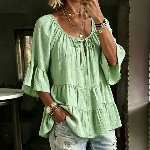 Women's Casual Loose Cotton Blend Blouse Three-Quarter Flare Sleeve Pleated Round Neck Tie Solid Color Mid-Length Summer Shirt