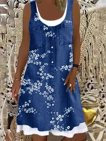 Women's Casual Bohemian Sleeveless Midi Dress Faux Two-Piece Denim Look Printed Floral Summer Loose Tank Dress With Buttons