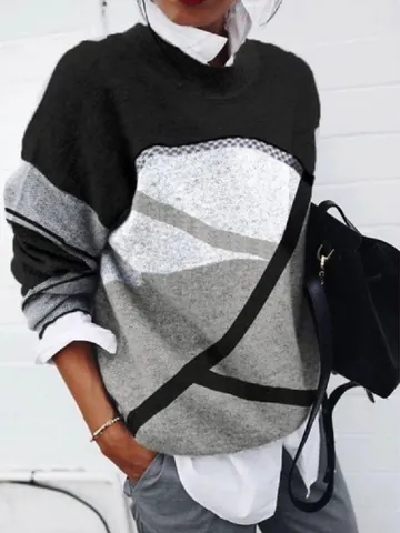 Top de Moda para Mujer con Estampado Geométrico Cepillado Sudadera Casual de Manga Larga Holgada con Cuello Redondo Streetwear