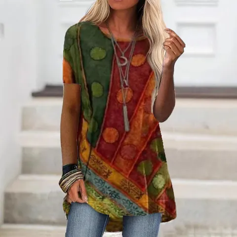 Bohemian Print Women's T-Shirt Summer Short Sleeve Round Neck Tunic Top Ethnic Geometric Graphic Polyester T-Shirt Daily Casual Tee