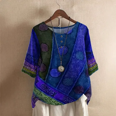 Women Bohemian Digital Print Loose Casual Top Round Neck T-Shirt Decorative Buttons Ethnic Style Pullover Top For Summer