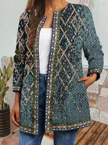 Women's Vintage Ethnic Print Long Sleeve Cardigan Jacket Retro Geometric Pattern Open Front Mid-Length Polyester Top