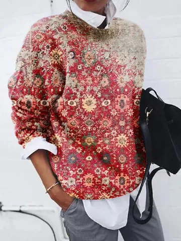 Sweat-shirt Femme Vintage Imprimé Floral Géométrique Manches Longues Col Rond Brossé Pullover Ample Top Mode Ethnique Décontracté