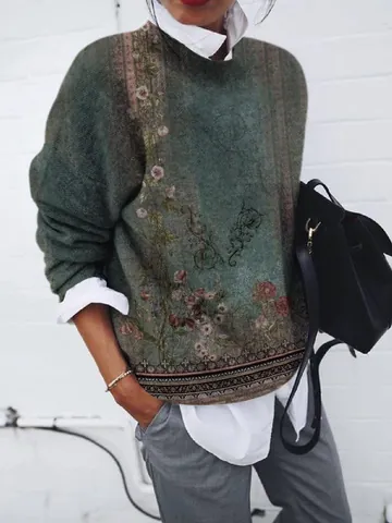 Camiseta de Manga Larga con Estampado Floral Vintage para Mujer Jersey Holgado con Cuello Redondo y Gráfico Desgastado
