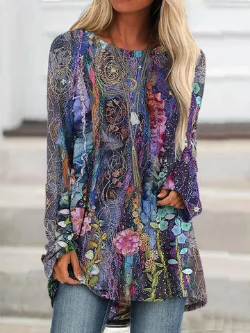 Women's Vintage Ethnic Print Long Sleeve Top Polyester Crew Neck Loose Bohemian Graphic Tee For Casual Daily Wear Printed T-Shirt