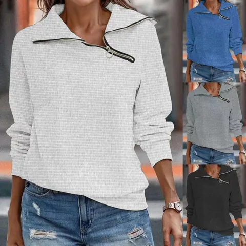 Damen Retro Lässig Schräger Ausschnitt Reißverschluss Sweatshirt Einfarbig Langarm Waffelstruktur Strick Top Herbst Mode Pullover