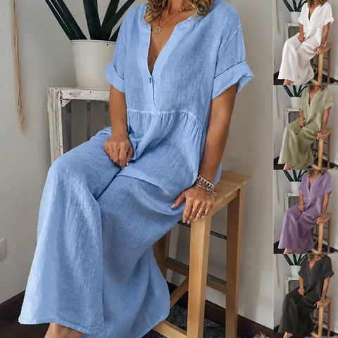 Vestido Largo Casual de Algodón y Lino para Mujer Cuello en V Manga Corta Color Sólido Talla Grande Verano Vacaciones