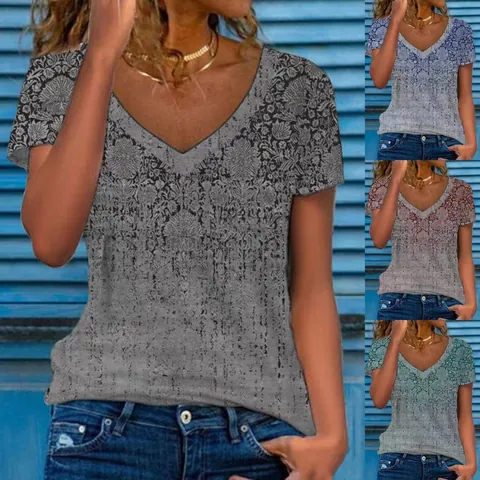Maglietta da Donna a Maniche Corte con Scollo a V Stampa Floreale Vintage Poliestere Top Casual Largo Moda Grafica Abbigliamento Estivo