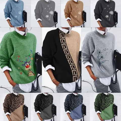 Women Vintage Printed Long Sleeve T-Shirt Loose Fit Casual Round Neck Polyester Graphic Tee Leopard Dandelion Patchwork Top
