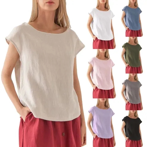 Γυναικείο Casual Λινό T-Shirt με Κοντό Μανίκι Μονόχρωμο Στρογγυλή Λαιμόκοψη Χαλαρή Εφαρμογή Τοπ Καλοκαιρινό Αναπνεύσιμο