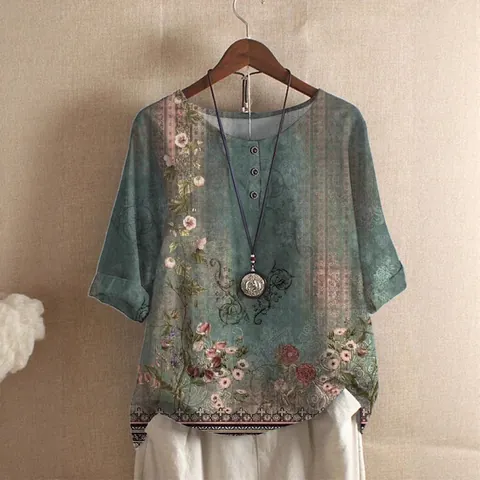 Damen Vintage Floral Digitaldruck Casual Top Lose Halbarm Rundhals T-Shirt Mit Knöpfen Komfortabel Boho Stil Sommer Tunika