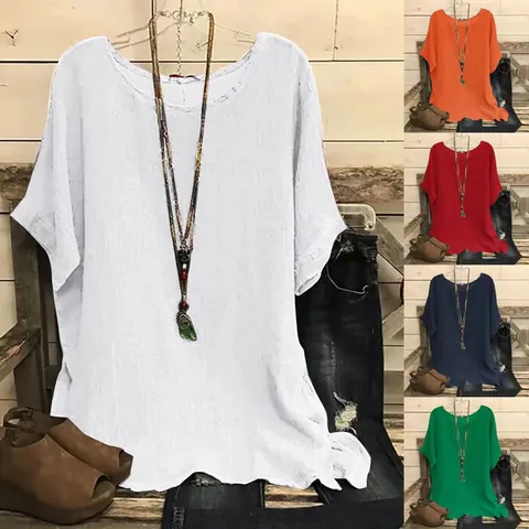 T-Shirt Décontracté pour Femmes Mélange de Coton Col Rond Manches Courtes Vintage Effet Vieilli Couleur Unie Fente Latérale Top