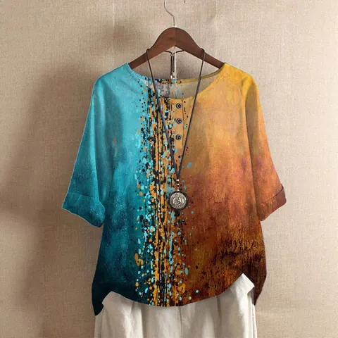 Damen Vintage Floral Digitaldruck Casual Top Lose Halbarm Rundhals T-Shirt Mit Knöpfen Komfortabel Boho Stil Sommer Tunika