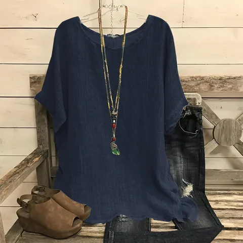 T-Shirt Décontracté pour Femmes Mélange de Coton Col Rond Manches Courtes Vintage Effet Vieilli Couleur Unie Fente Latérale Top