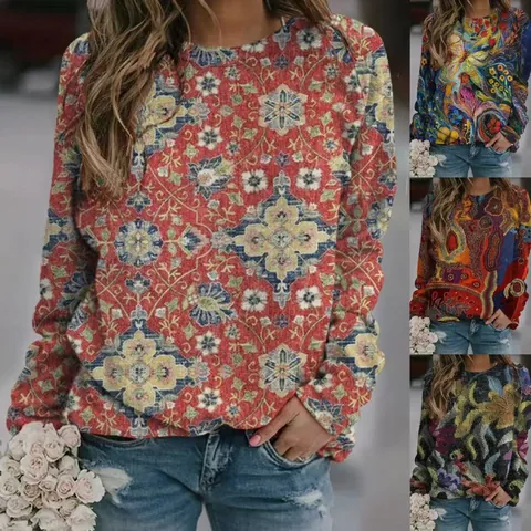 Women's Retro Ethnic Printed Sweatshirt Casual Fashion Loose Crewneck Pullover Long Sleeve Top European Style Streetwear