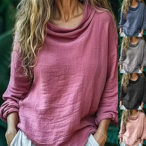 Women's Casual Loose Cowl Neck Long Sleeve Solid Color Pleated Pullover Top Fashion Satin Crinkle Blouse For Daily Streetwear