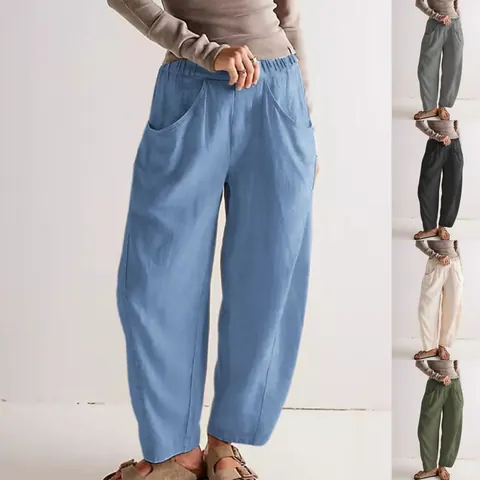 Women's Casual Cotton Linen Blend Tapered Pants Elastic Waist Loose Carrot Pants With Pockets Solid Color Soft Comfortable Breathable Bottoms