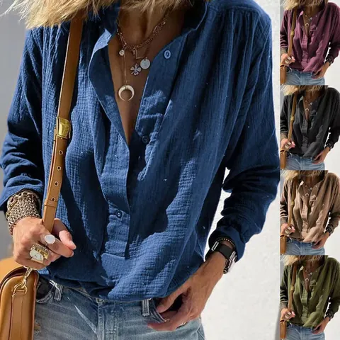 Women Casual Loose Long Sleeve Cotton Polyester Spandex Crinkled Vintage Button Pullover Blouse Top