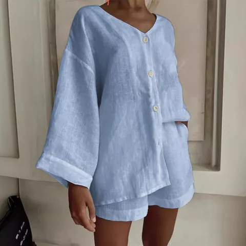 Completo Casual da Donna in Cotone e Lino Con Camicia a Maniche Lunghe Scollo a V e Pantaloncini Top And Bottom Estate