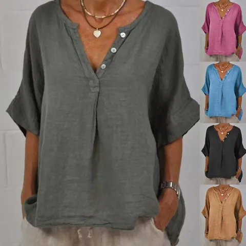 Blusa de Algodón y Lino Casual para Mujer Moda Holgada Cuello en V Botón Media Manga Color Sólido Retro Camisa Top para Primavera Verano