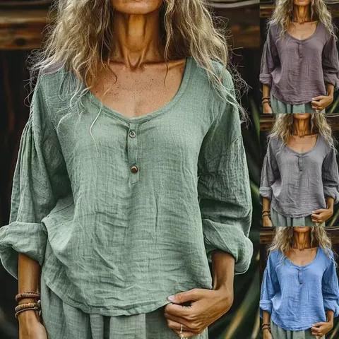 Camisa Casual de Manga Larga para Mujer Mezcla de Algodón Cuello Redondo Botones Frontales Blusa Holgada Vintage Color Sólido Estilo Europeo Top de Primavera