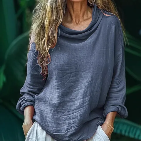 Women's Casual Loose Cowl Neck Long Sleeve Solid Color Pleated Pullover Top Fashion Satin Crinkle Blouse For Daily Streetwear