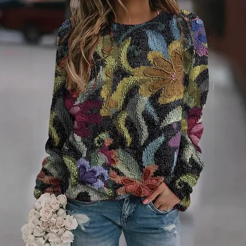 Women's Retro Ethnic Printed Sweatshirt Casual Fashion Loose Crewneck Pullover Long Sleeve Top European Style Streetwear