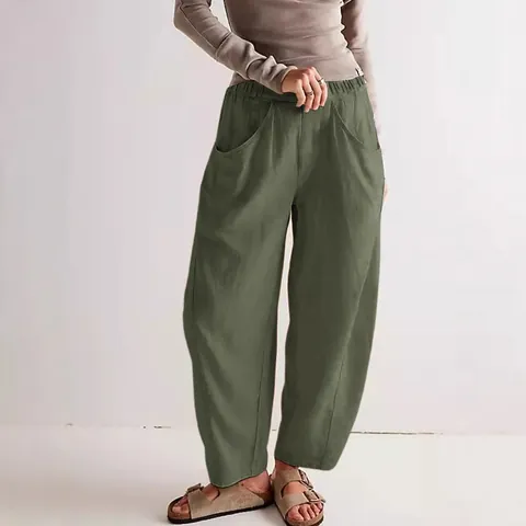 Women's Casual Cotton Linen Blend Tapered Pants Elastic Waist Loose Carrot Pants With Pockets Solid Color Soft Comfortable Breathable Bottoms