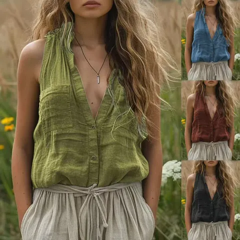 Camisa de Lino de Algodón para Mujer Cuello en V Sin Mangas Suelta Casual Bolsillo Con Botones Chaleco Top Vintage Color Sólido