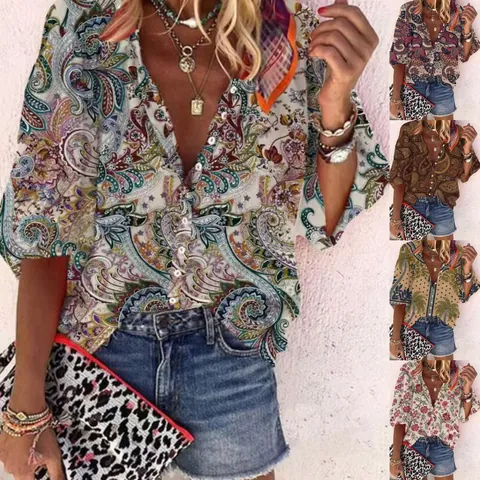 Women's Casual Vintage Paisley Floral Print Blouse Stand Collar Half Sleeve Button Down Loose Bohemian Summer Top