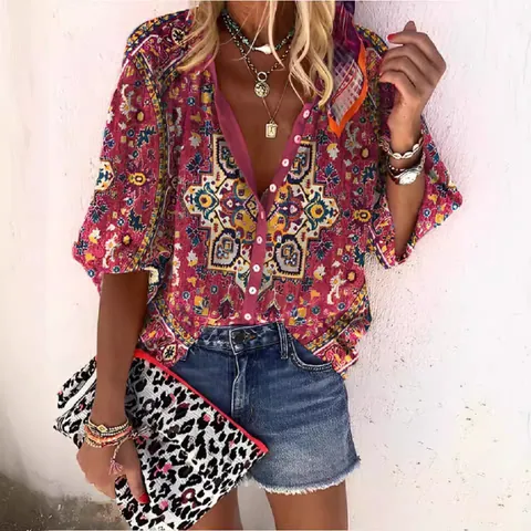 Blusa Estampada Floral Bohemia Vintage Para Mujer Cuello Alto Con Botones Ajuste Holgado Camisa Casual Para Vacaciones De Verano Top De Moda