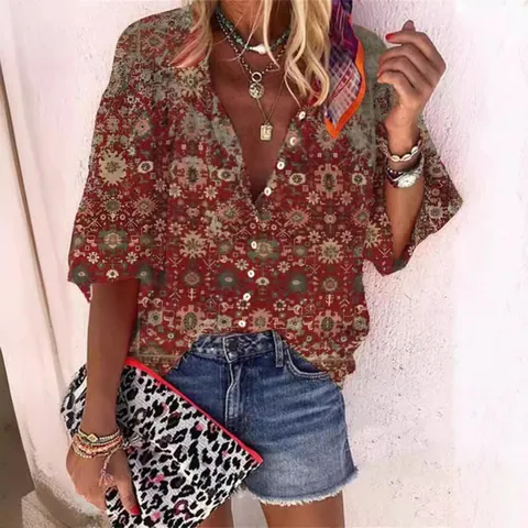 Blusa Estampada Floral Bohemia Vintage Para Mujer Cuello Alto Con Botones Ajuste Holgado Camisa Casual Para Vacaciones De Verano Top De Moda